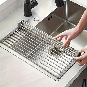 1個、ロールアップ式食器乾燥ラック、オーバーシンク用食器乾燥ラック、ステンレス製多機能水切りラック、キッチンシンク用キャスター付き水切りラック、ポータブルステンレス製ロールラック、シンク用マット、キッチンツール