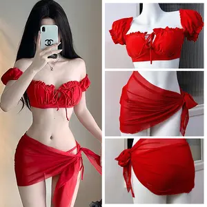 Set Bikini Merah Seksi 3 Potong Baju Renang Wanita Bertali Tinggi Musim Semi dan Panas Kotak Pesta