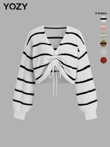YOZY Women's Striped Print Ruched Drawstring V Neck Crop Sweater, Classy Casual Chic Jumper for Fall & Winter, Fashion Ladies' Knitwear for Daily Wear