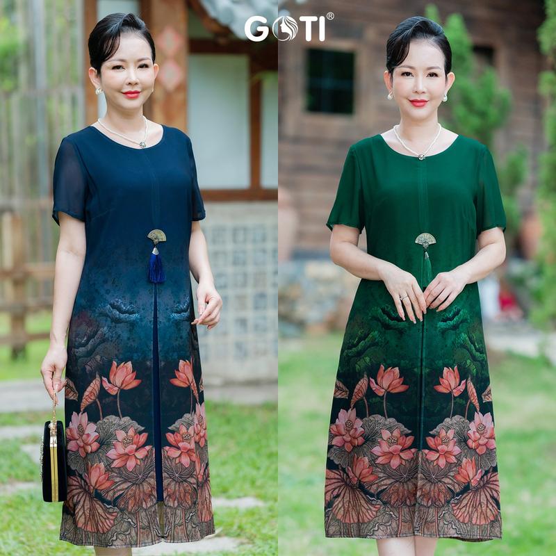 Product Introduction of GOTI Thời Trang Trung Niên Cao Cấp Đầm Suông Voan Xẻ Tà In Hoa Sen Tay Ngắn Quý Phái 3406  Nữ Nhung Dress 22