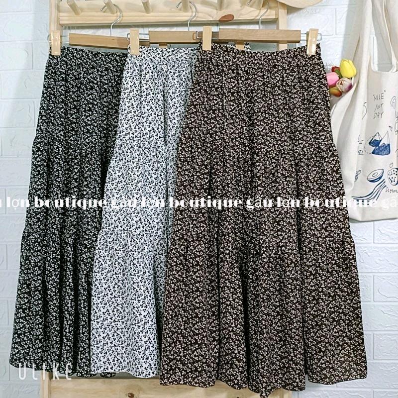 Chân váy midi hoa nhí 3 tầng vintage dáng dài xoè - Nữ, Women