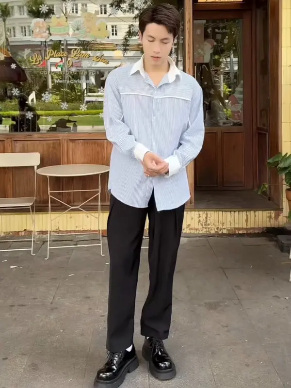 Áo Sơ Mi Kẻ Sọc Xanh Nam Nữ JAATE A07 Linen Bột Form Rộng Tay Dài - Shirt Menswear 3