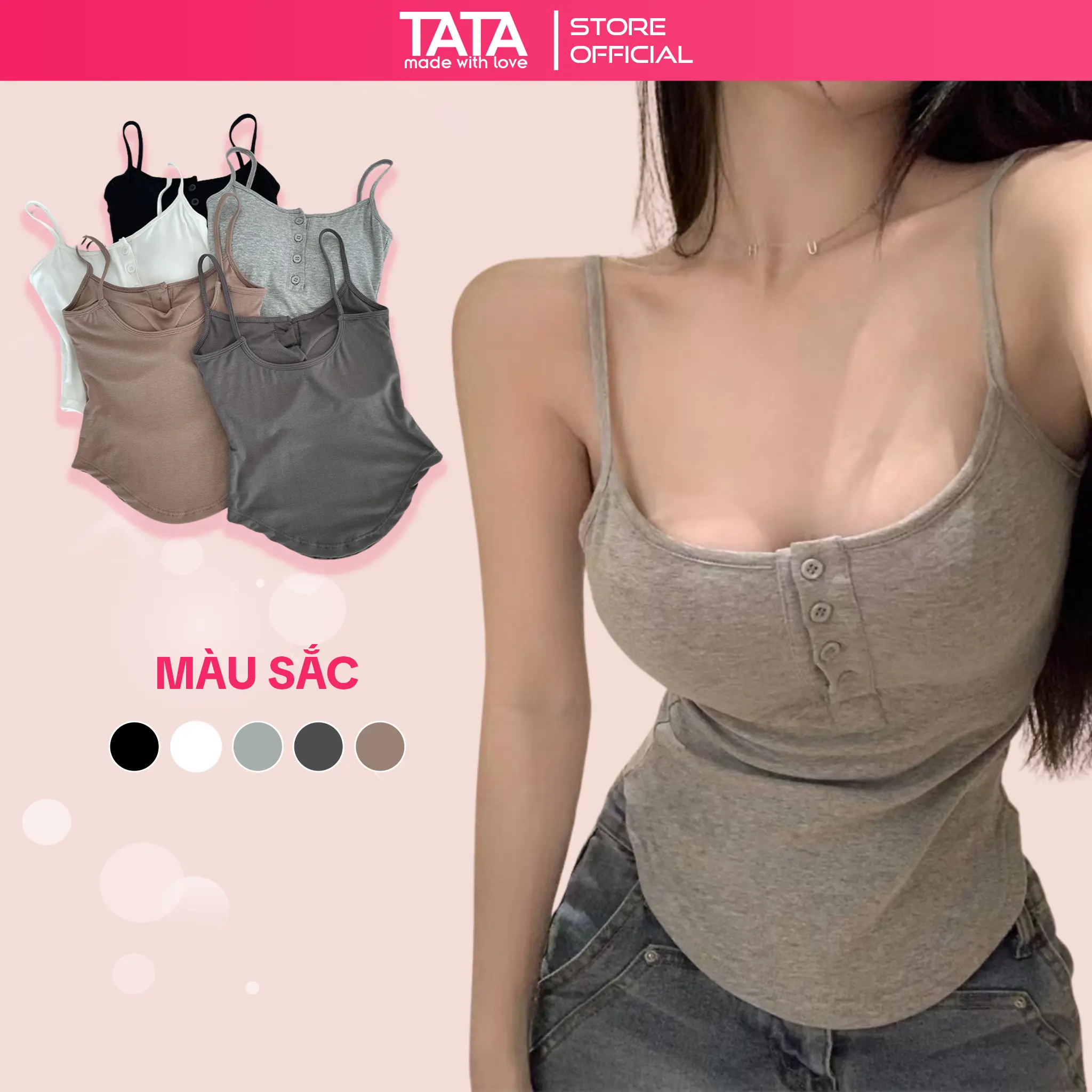 Áo Hai Dây [KÈM ĐỆM MÚT] Cài Cúc Ngực Hở Cổ Đáy Cong Quyến Rũ Thời Trang Mùa Hè Hàng Quảng Châu Cao Cấp Áo 2 Dây Cài Cúc Có Đệm Ngực Co Dãn Ôm Body Tạo Cảm Giác Gợi Cảm Tank Top Kem Thun Women Nữ Màu Đen áo croptop cóáotrong