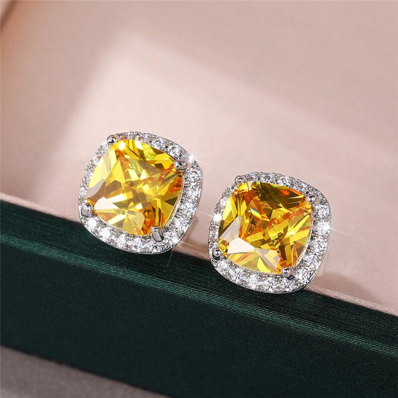Product Introduction of Huitan Bright White/Yellow/Pink CZ Stud Earrings for Women Fashion Contracted Jewelry High Quality Wedding Engagement Earrings 18