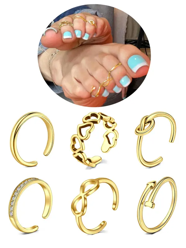 Women's Rhinestone Decorated Toe Rings (6pcs), Adjustable Open Toe Rings for Women & Girls, for Party, Daily Clothing Decor, Birthday Gift, Toe Ring Jewelry 6