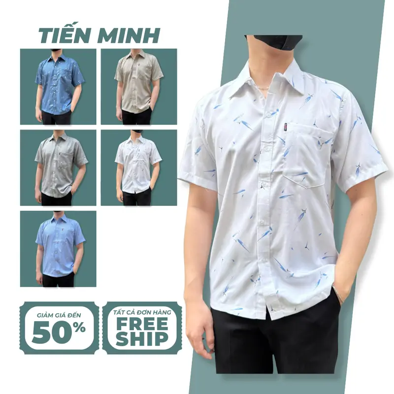 (Mã 23) Áo Sơ Mi Vải Xô Đũi Cao Cấp Trung Niên Ngắn Tay Dáng Suông Vạt Ngang Tiến Minh Họa Tiết Menswear TM23 sominam dep Ong 0
