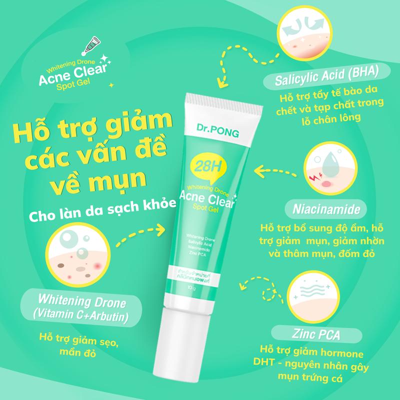 Gel chấm hỗ trợ giảm mụn Dr.PONG 28H Whitening Drone Acne Clear Spot 10g 4