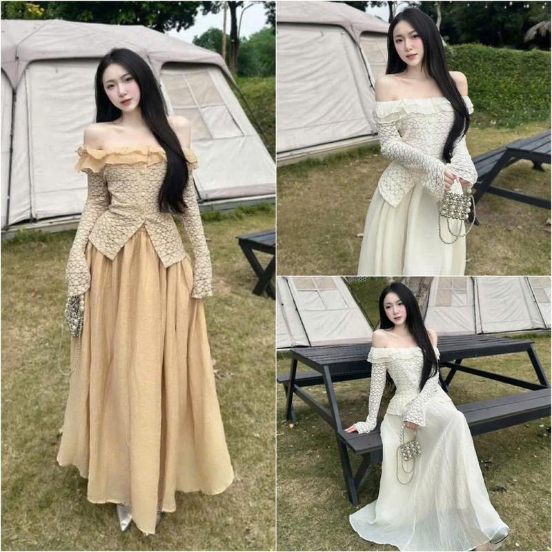 Sét váy tk nữ gồm áo trễ vai viền bèo phối chân váy xòe dài dành diện đi tiệc hẹn hò.