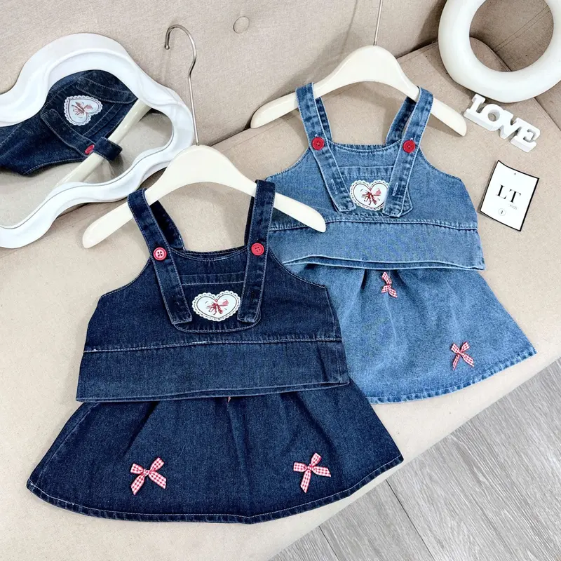 C72 - Set Bộ Áo Jean 2S Bản To Phối Chân Váy Xòe Gắn Nơ Điệu 1
