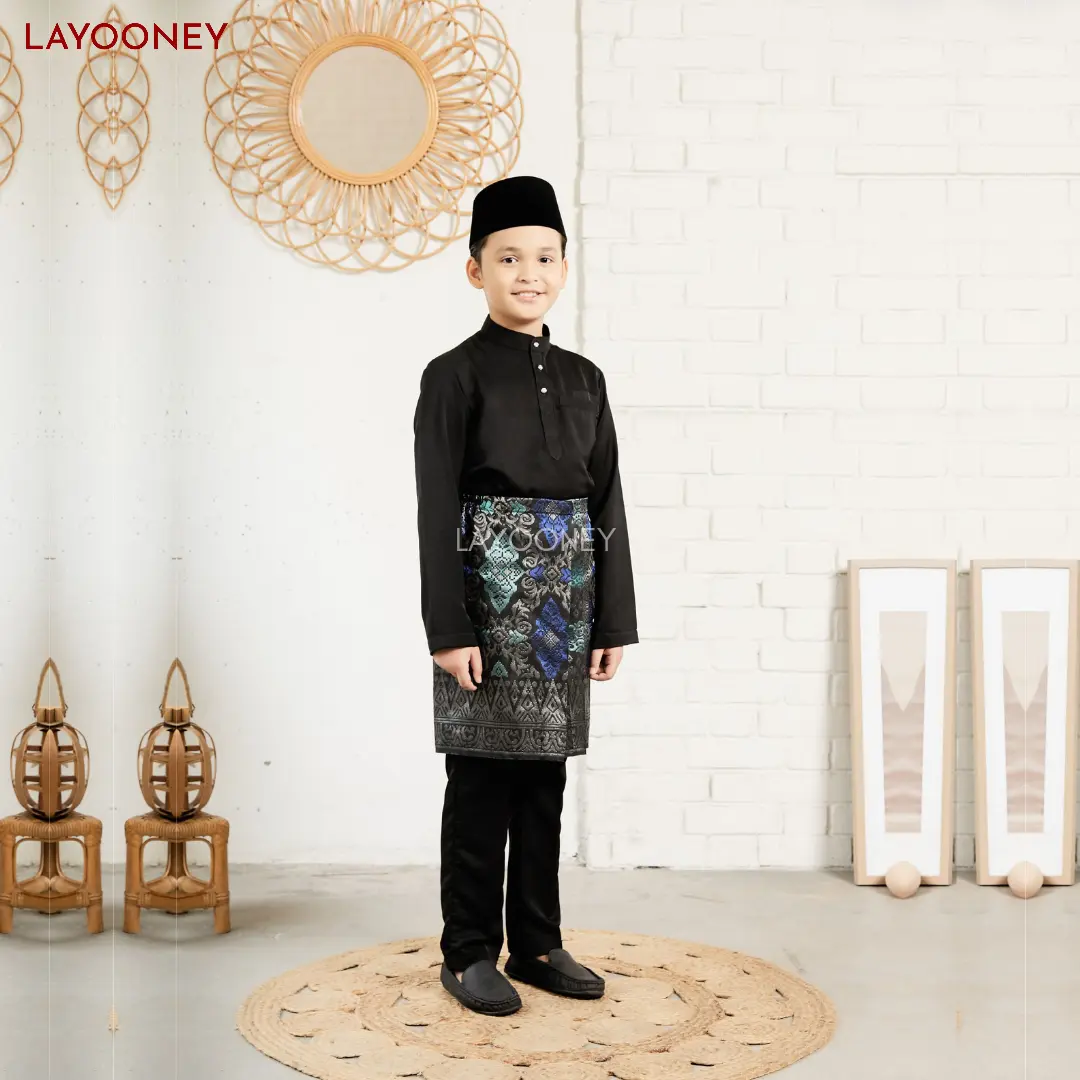Setelan Baju Kurung Melayu Anak Laki Laki  Bahan Katun Toyobo Hitam Satu Set Pakaian Teluk Belanga Cekak Musang Fashion Muslim Koko Adat Malaysia Riau Premium