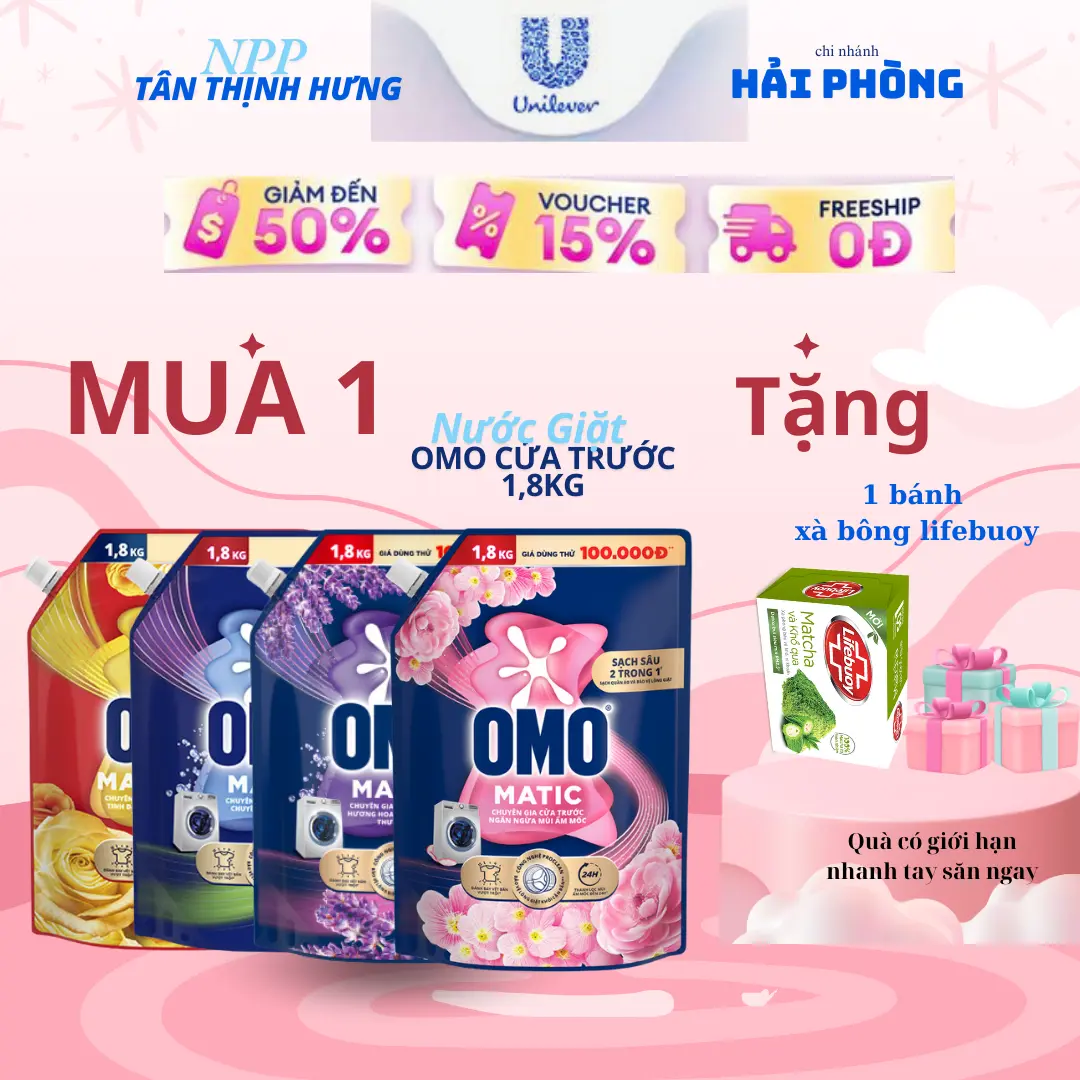 Nước giặt OMO Matic Cửa trước 1,8kg thơm mát giữ quần áo bền màu nhiều mùi hương (có tặng quà)