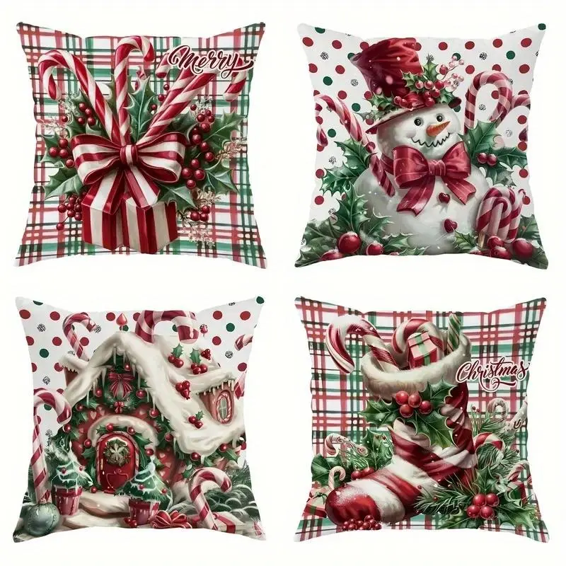Christmas Themed Cushion Cover, 4 Counts/set Square Cushion Cover without Filler, Household Decoration Supplies for Home Living Room Bedroom