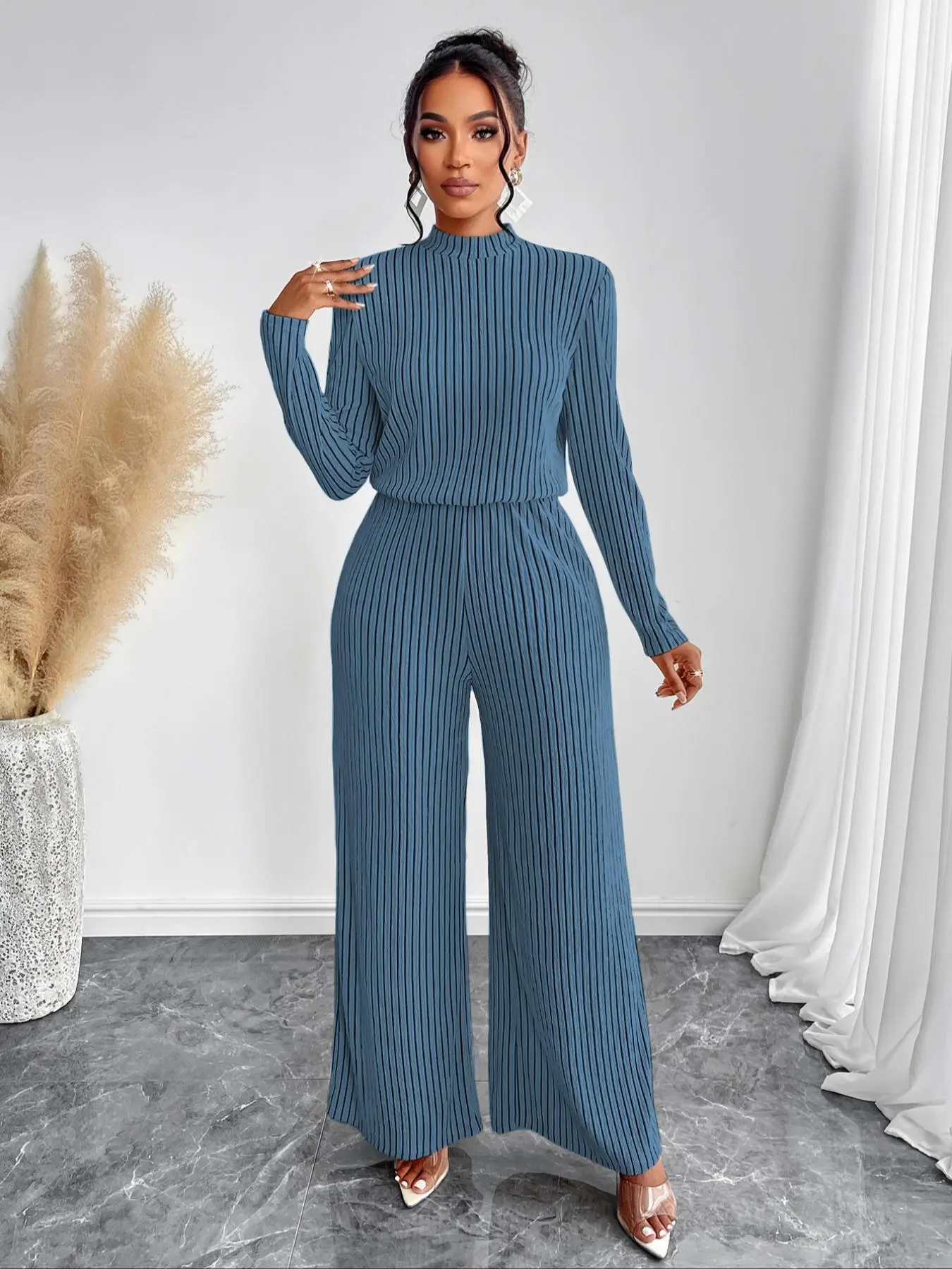 Aliling Women's Ribbed Print Cut Out Jumpsuit, Chic Casual Long Sleeve Jumpsuit for Fall & Winter, Women's Clothes for Daily Wear