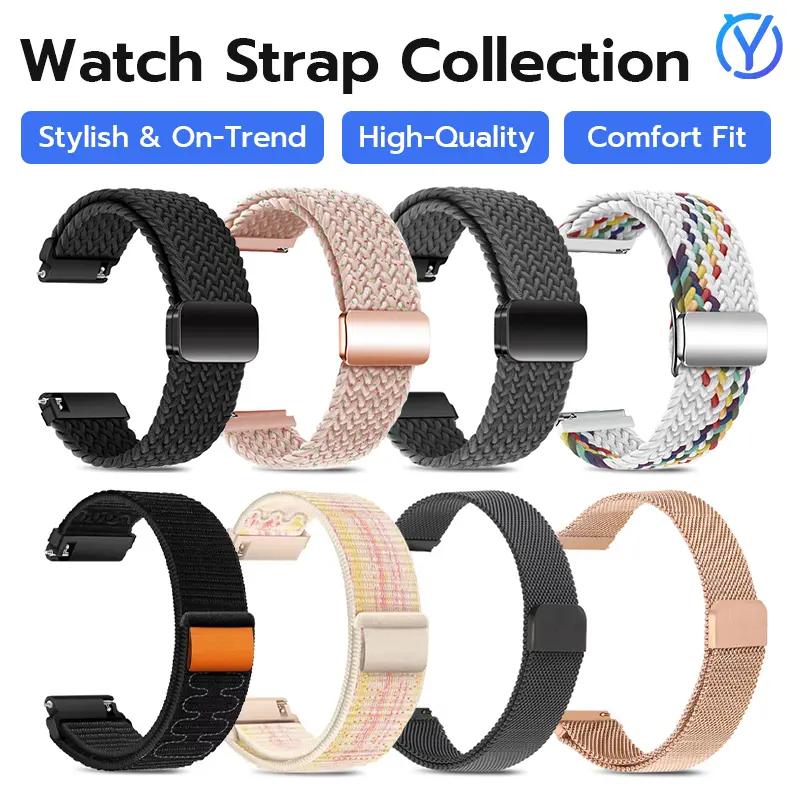 Watch strap 20mm 2024 new model Nylon Woven Metal Magnetic pull Ring buckle Silicone Adhesive tape Easy to adjust Water and sweat-resistant Breathable Cute Various colors Suitable for Xiaomi/Apple/HUAWEI/H9 watches Wearable Adjustable Stainless