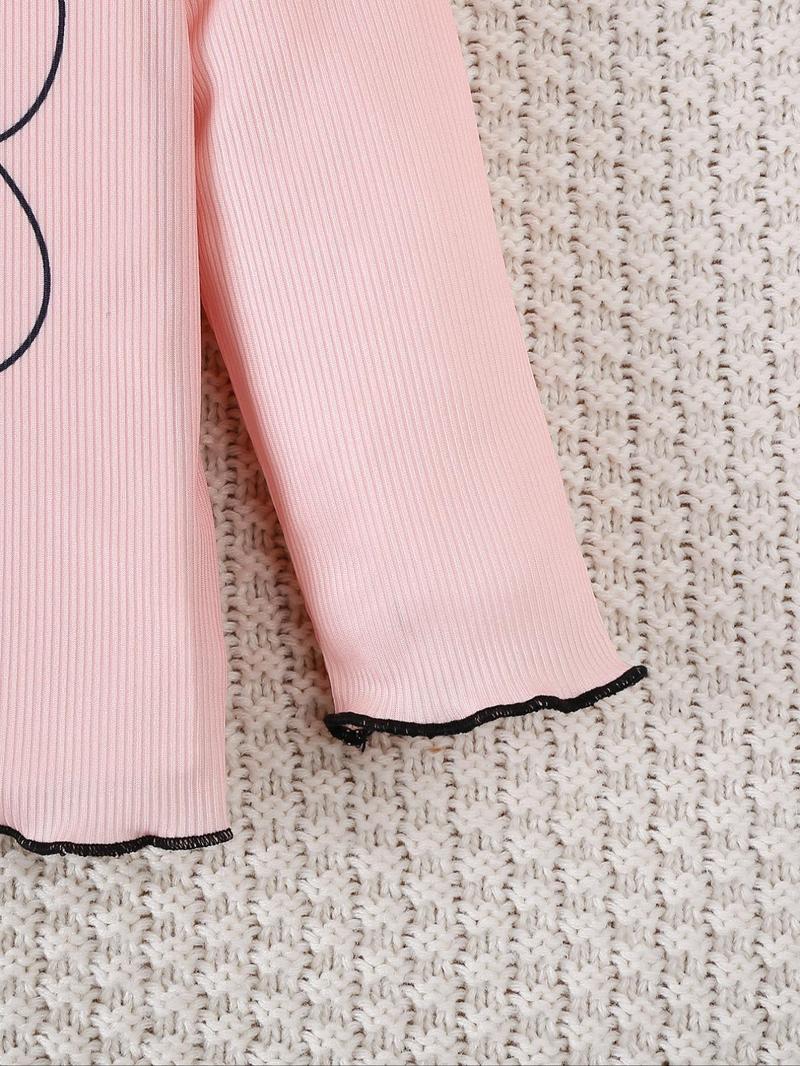 Product Introduction of Toddler Girl's Contrast Binding Lettuce Trim Tee & Pants Two-piece Set, Cute Casual Cartoon Cloud Print Long Sleeve Top & Heart Print Elastic Waist Trousers for Spring & Fall, Kids Clothes for Daily Wear 12