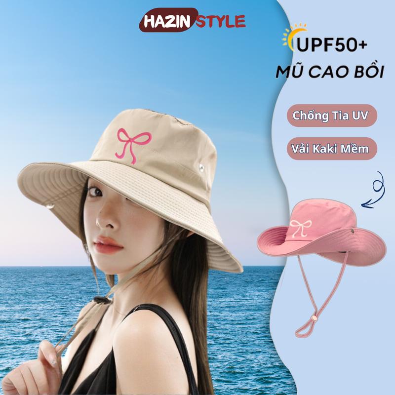 Mũ bucket cao bồi thêu nơ HAZIN thời trang Hàn Quốc, nón bucket vành rộng chất liệu vải KAKI cao cấp thiết kế tai bèo có quai điều chỉnh đi cắm trại đi chơi