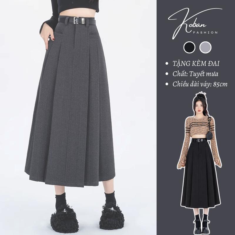   KA05 - TẶNG ĐAI  Chân váy dáng dài xếp ly KOBAN ulzzang midi xẻ trước đi làm đi chơi Douyin cạp cao màu đen ghi Nữ Women Kem 