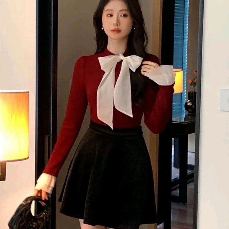 Áo thun gân tăm cột nơ bigsize 50-95kg tay xoè phối màu trắng chất liệu thun gân tăm co giãn Nữ Women Top áo thun sọc vui nhộn