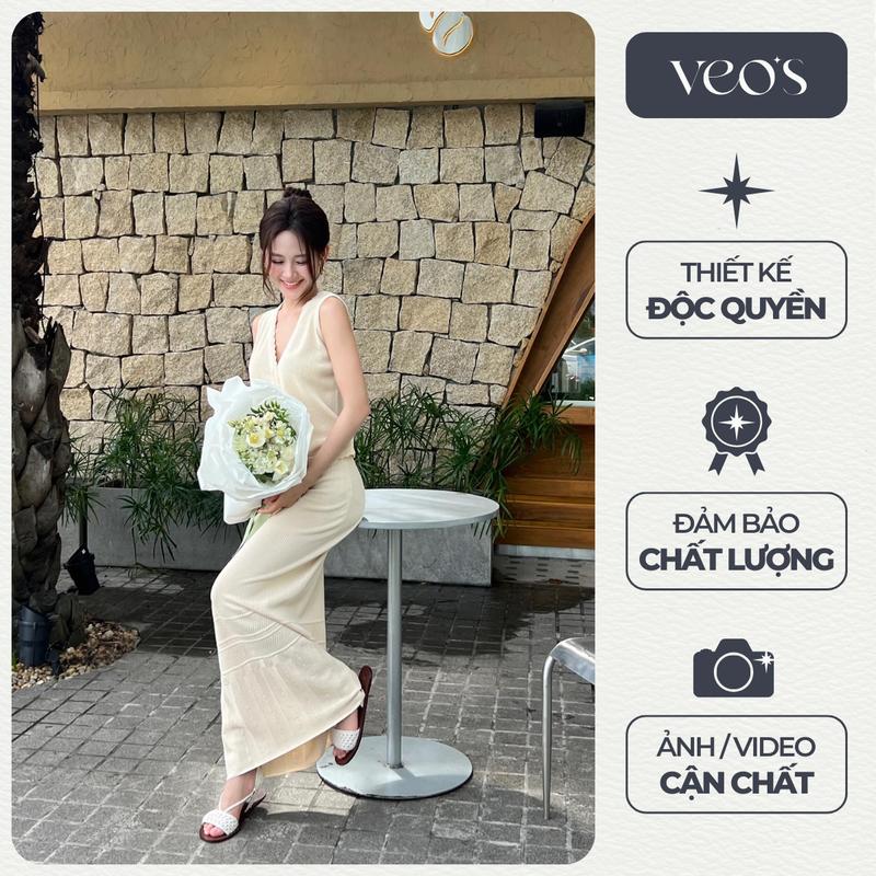 [VEO'S] Midas Top & Skirt - Set Len Sợi Dệt Tiểu Thư Thiết Kế Nữ Áo Dáng Gile Cổ V Sát Nách & Chân Váy Dài Dáng Đuôi Cá Màu Be