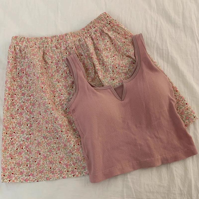 Bộ Đồ Ngủ Áo Vest Pijama, Thiết Kế Hoa, Eo Co Giãn, Ngực Có Đệm, Quần Mặc Nhà, Bộ Đồ Mùa Hè, Dành Cho Nữ 4