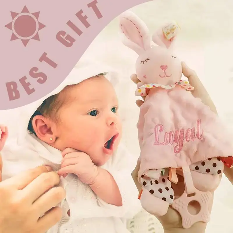 Personalized First Name Comforter Baby Plush Stuffed Toy Custom Sensory Blanket Bunny Elephant Soothe Appease Towel