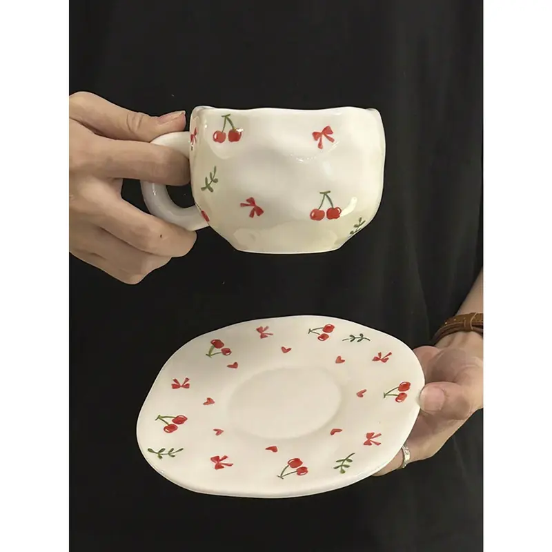 2025 NEW 1pc Retro Strawberry Flower Ceramic Cup, Hand Painted Butterfly&Cherry Asymmetrical Shape Coffee Cup, Tea Latte Mug, Breakfast Milk Cup, Water Cup, Gift (Easter Gifts) 6