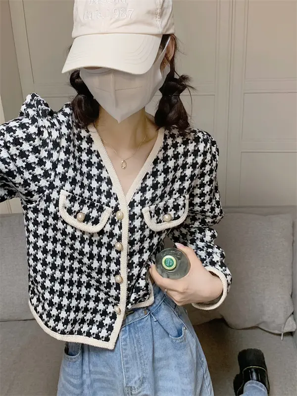 Jacket Lengan Panjang Korean Style Jaket Wanita Terbaru Outer Crop Kotak-kotak 0