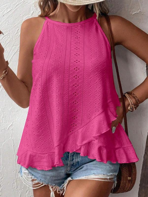 Plus Size Solid Eyelet Embroidery Lettuce Trim Ruffle Hem Halter Tank Top, Casual Sleeveless Top for Summer, Women's Plus Clothing for Daily Wear 5