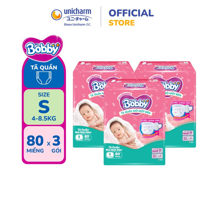   Mua 2 tặng gấu  Combo 3 Tã bỉm quần Mở Một Bên Bobby - Tiện Lợi Dễ Mặc - size NB 70+6 S 80 S-M 62 Miếng 