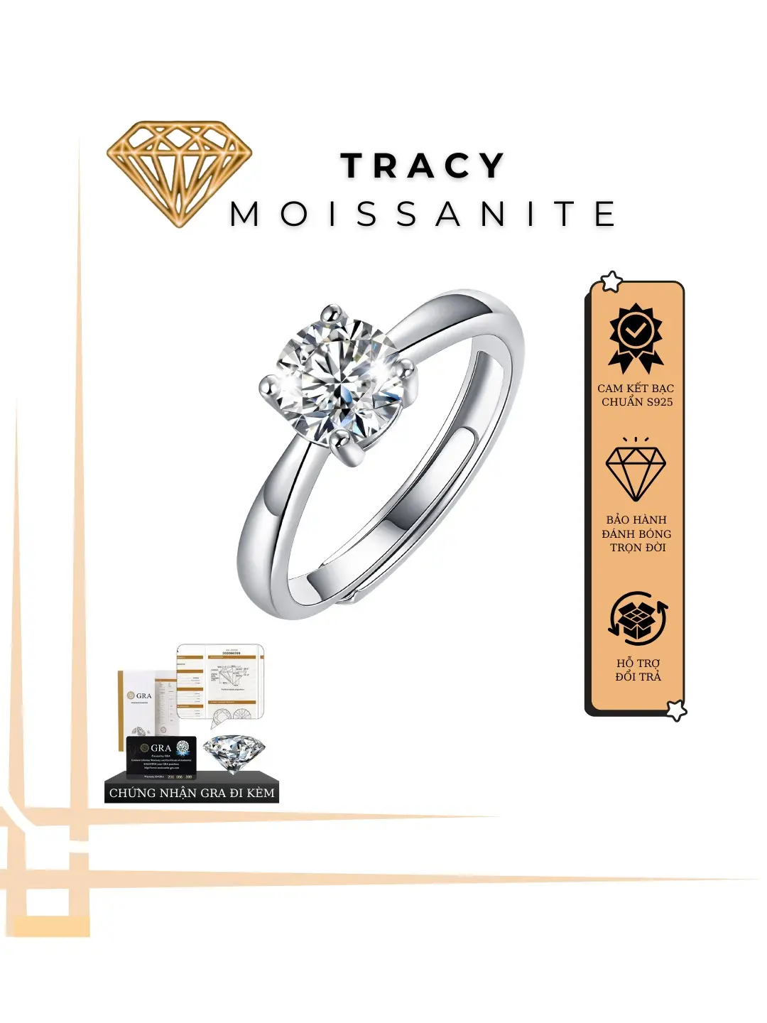 1CARAT [Đá Moissanite] , Nhẫn Lianli, Bạc s925 si vàng trắng 18k,Sang Trọng, Tinh Tế, Kiểm Đinh GRA