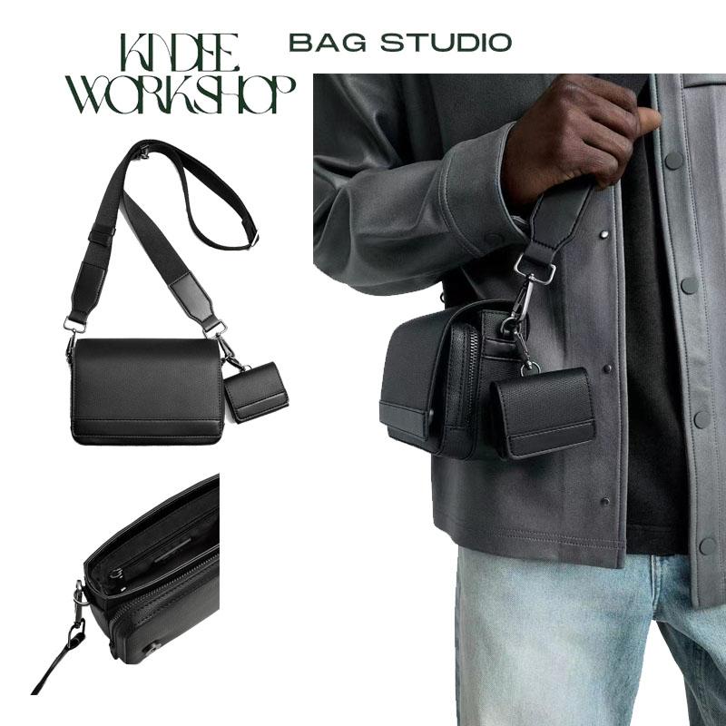 Giỏ đeo vai dáng hộp messenger kèm túi nhỏ viền da vân túi chéo nam basic màu đen da trơn Kindee