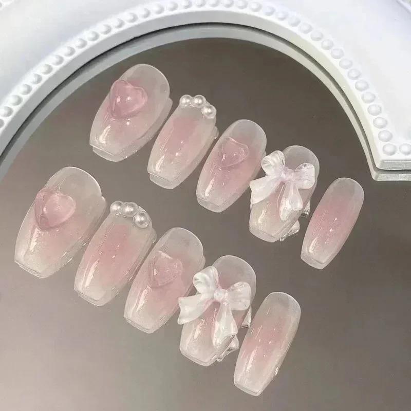 Cute Pink Sweet Princess Removable Handmade Wear Nail Art Y2K Vitality Girl Short Fake Nails Blush Bow Patch Nail 0