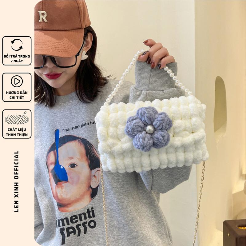  Túi handmade tự đan len bông tròn túi len tự đan đính hoa dễ thương LX903 Bag Nữ 