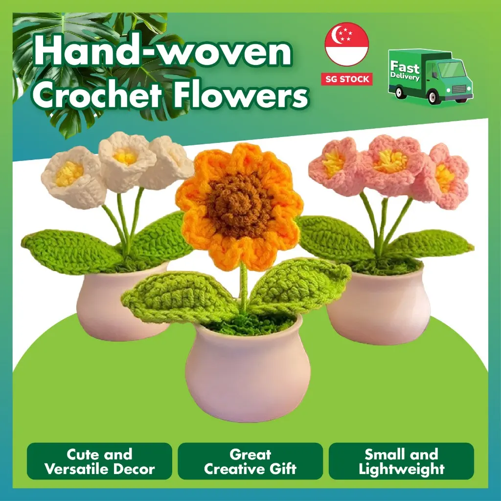 Handwoven Crochet Flowers in Mini Pots Handmade Desktop Decor Cute & Creative Gift for Home & Office