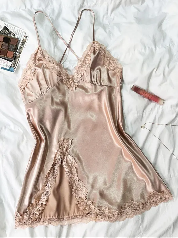 Women's Contrast Lace Criss Cross Bow Back Satin Cami Nightdress, Silky Naughty Lingerie, Night Gown for Women, House Dress for Women, Elegant Spaghetti Strap Split Hem Backless Night Gown, Ladies Summer Sleepwear & Loungewear, Pyjamas for Women 4