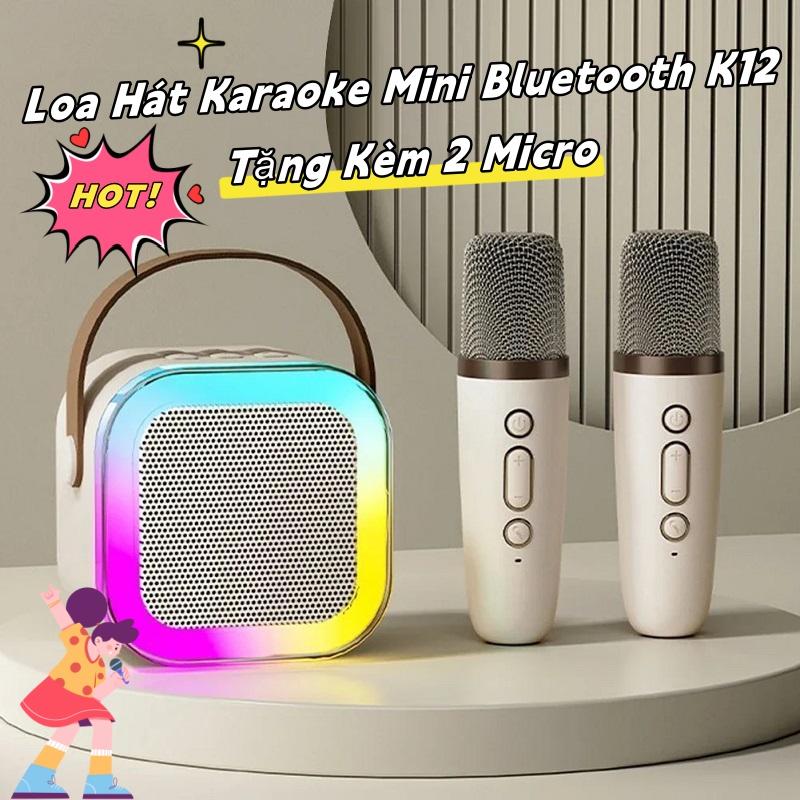 Loa Hát Karaoke Mini Bluetooth K12 Tặng Kèm 2 Micro,Có Thể Thay Đổi Giọng,Loa Nghe Nhạc Nhỏ Gọn Tiện Lợi Củ Loa Kem Không Dây,Có đèn Led Củ Loa