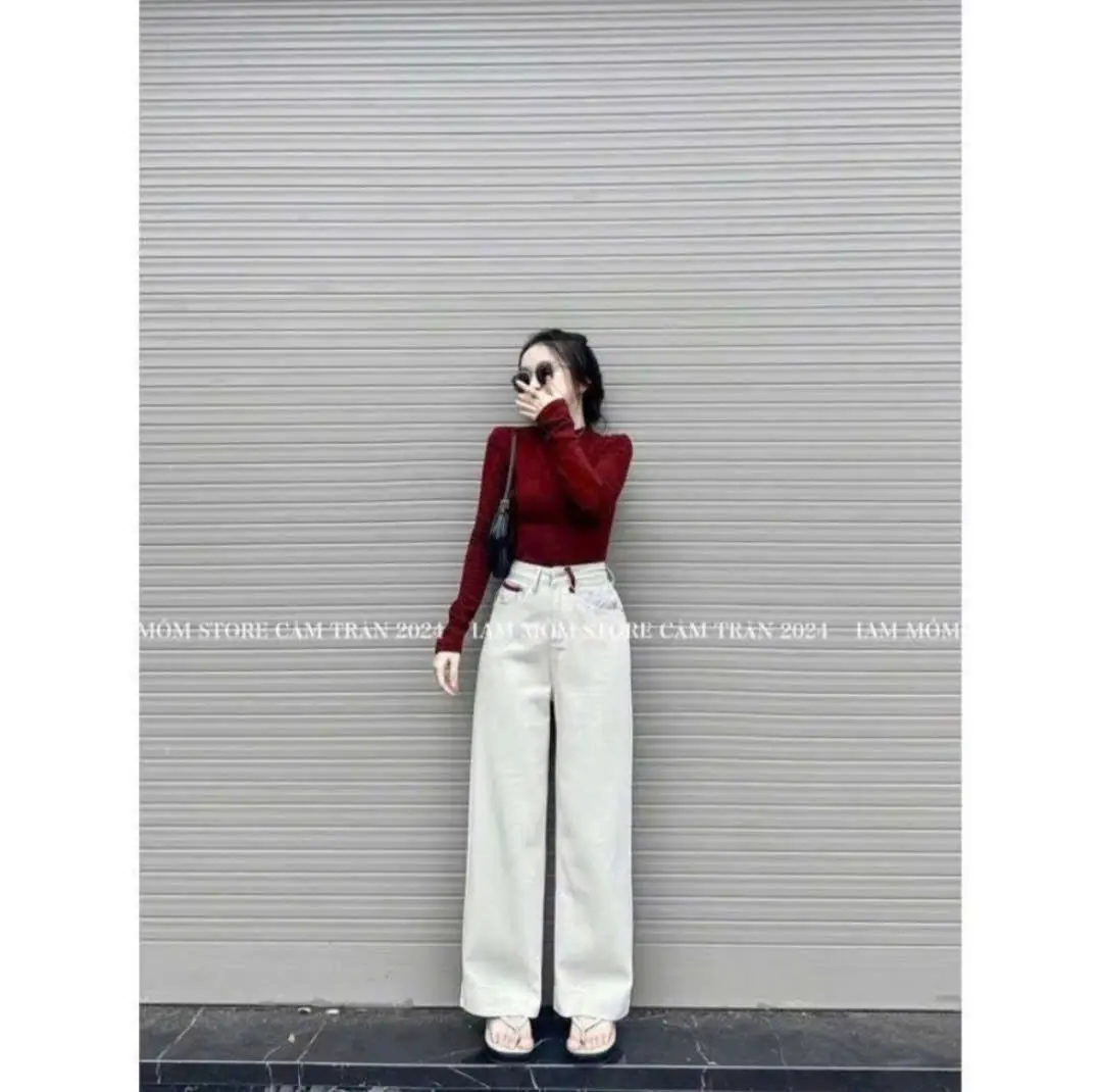 QUẦN BÒ TRẮNG BE NỮ SUÔNG DÁNG DÀI CẠP CAO PHỐI KẺ ĐỎ ,QUẦN JEAN TRẮNG BE ỐNG SUÔNG CỰC ĐẸP(kèm ảnh thật)