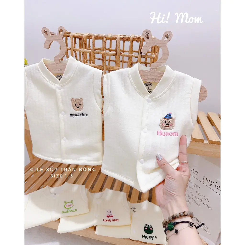 Áo Gile cho bé sơ sinh, xốp, hàn chần bông, 3 lớp Hi mom, áo gile cho bé trai bé gái không chất tẩy nhuộm - An toàn cho bé