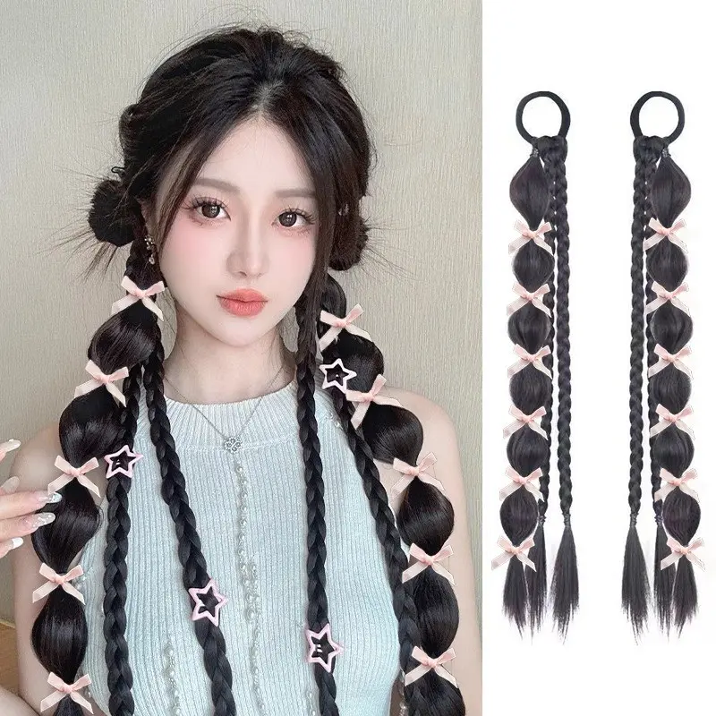 Tóc Giả Bện Xoắn, Dây Buộc Tóc Co Giãn, Bện Bong Bóng Nơ, Tóc Nối, Phụ Kiện Tóc Nữ 0