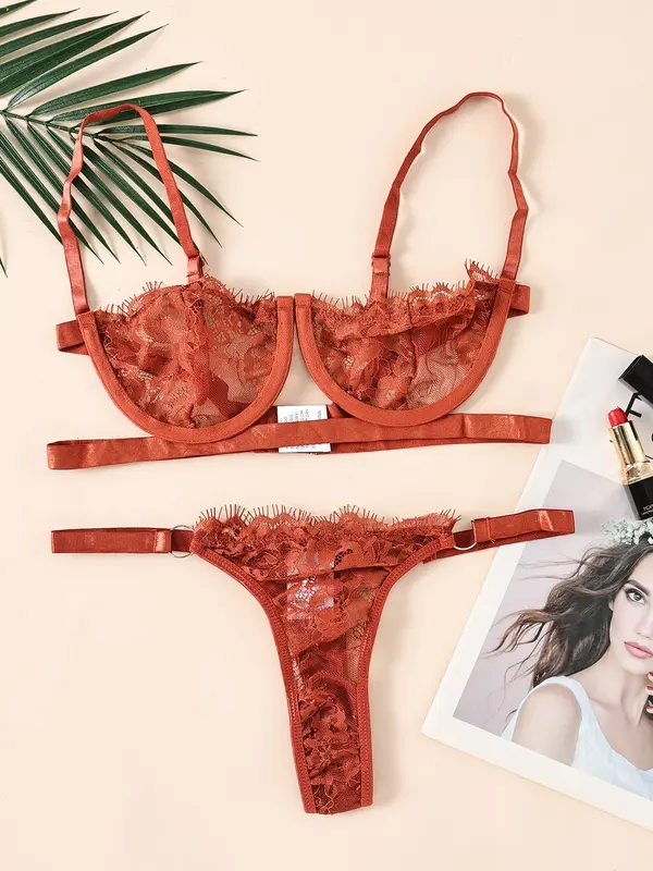 Womenswear Minimalist Lace Bra & Thong Set, Breathable Adjustable Strap Wireless Bra & Ring Linked Panty Sexy Lingeries Set, Valentine's Day Gift, Summer Wear 2024, Comfortable Co Ord Underwear Set, Tall Clothing Women 6