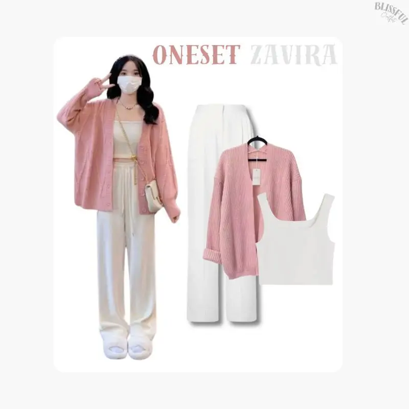 Isharaproject - ZAVIRA Oneset Outfit Wanita / Atasan Cardigan Pink / Inner Tanktop / Bawahan Celana Kulot Scuba / OOTD Korean Baju Kantong / Setelan Santai Casual Formal Panjang 1