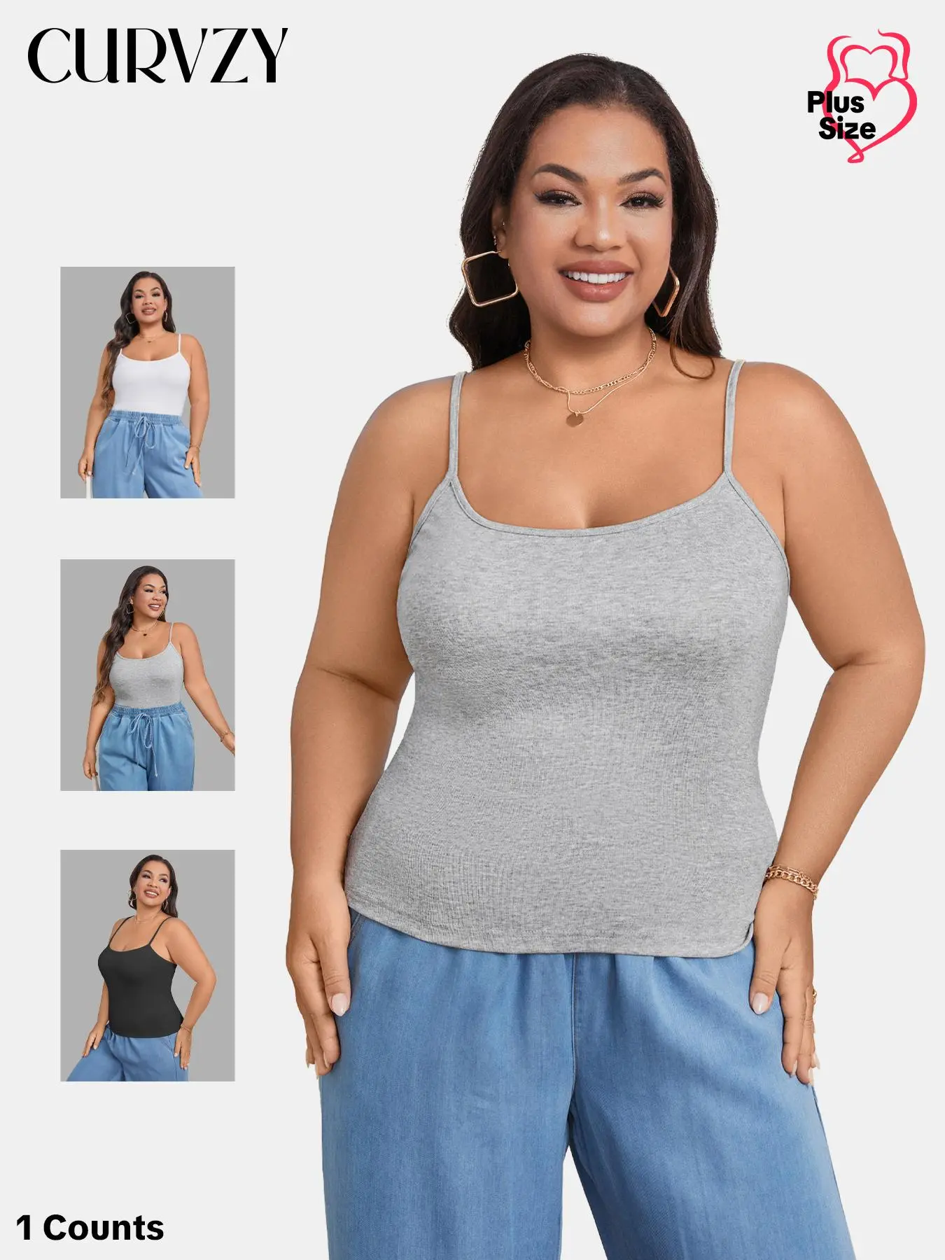 CURVZY Plus Size Solid Adjustable Strap Cami Top, Casual Sleeveless Spaghetti Strap Top for Summer, Women's Clothing for Daily Wear