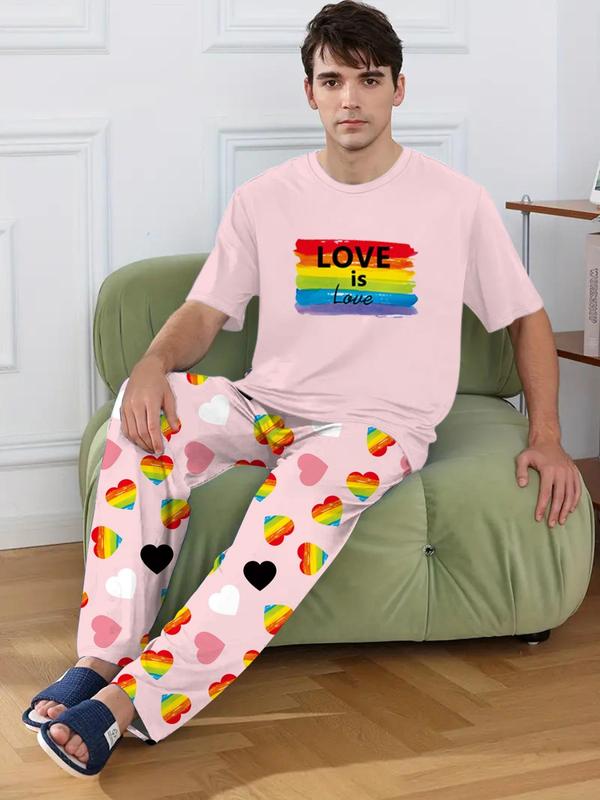 LGBTQ+ Men's 2pcs Heart Print Tee & Letter Print PJ Pants Loungewear Set, Summer Clothes, Round Neck Short Sleeve T-Shirt & Trousers PJ Set, Menswear, Men's Sleepwear Homewear For Summer 7