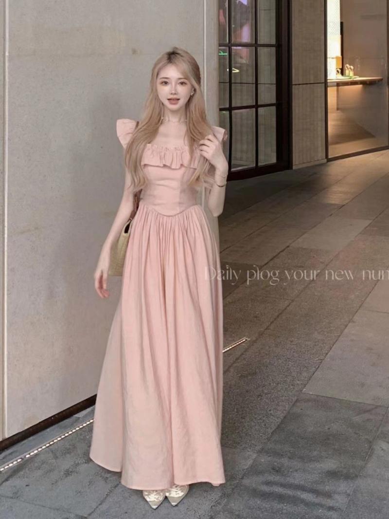 Product Introduction of Váy Cổ Vuông Xếp Nhún Màu Hồng, Tay Bay, Váy Mùa Hè, Dành Cho Phụ Nữ, Phong Cách Ngọt Ngào Kiểu Pháp, Váy Bó Sát Eo, Váy Dài Kỳ Nghỉ Đẹp 3