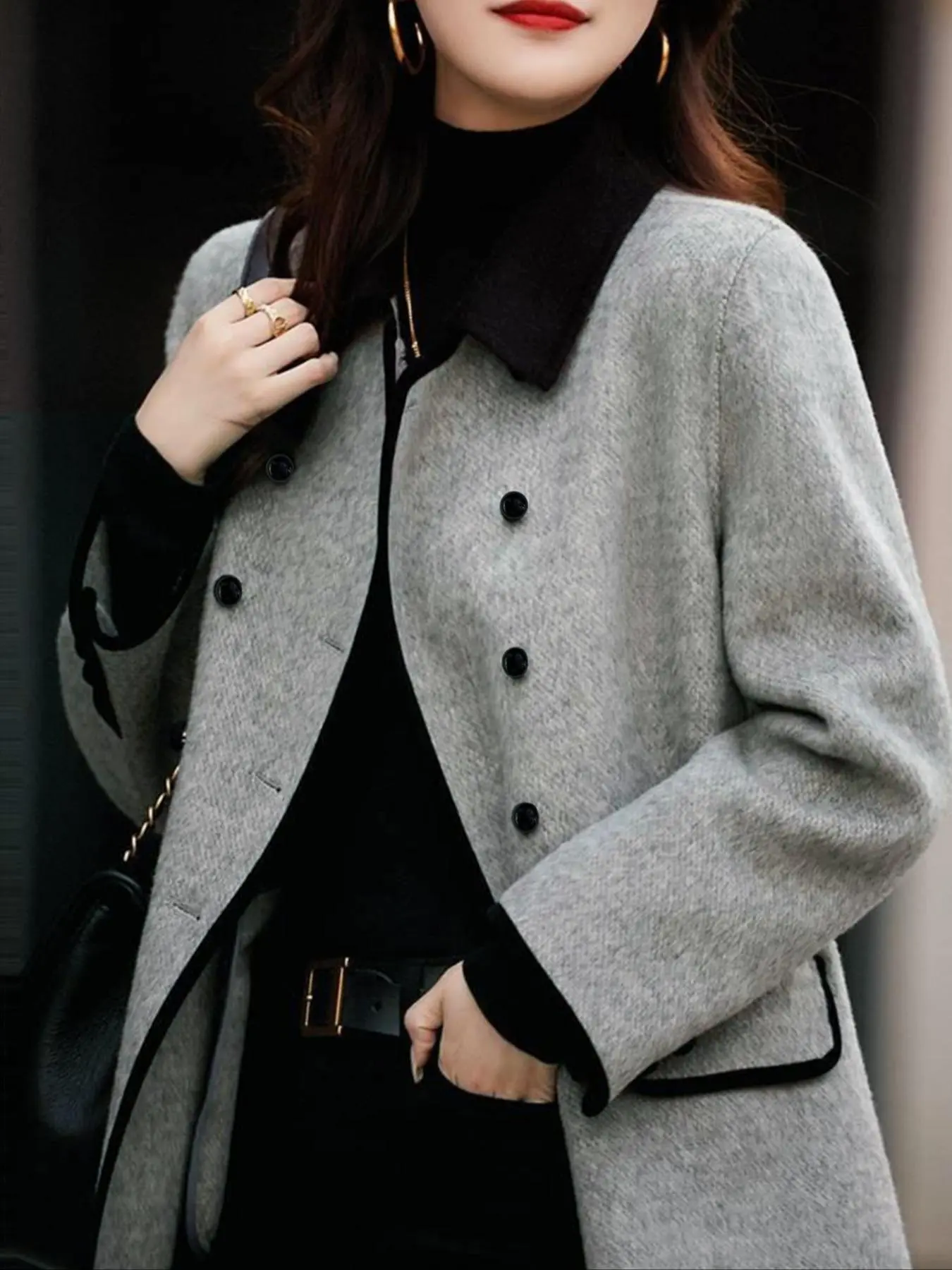 Women's Colorblock Wool Coat, Casual Fashion Long Sleeve   Coat for Fall & Winter, Women's Clothing for Daily Wear