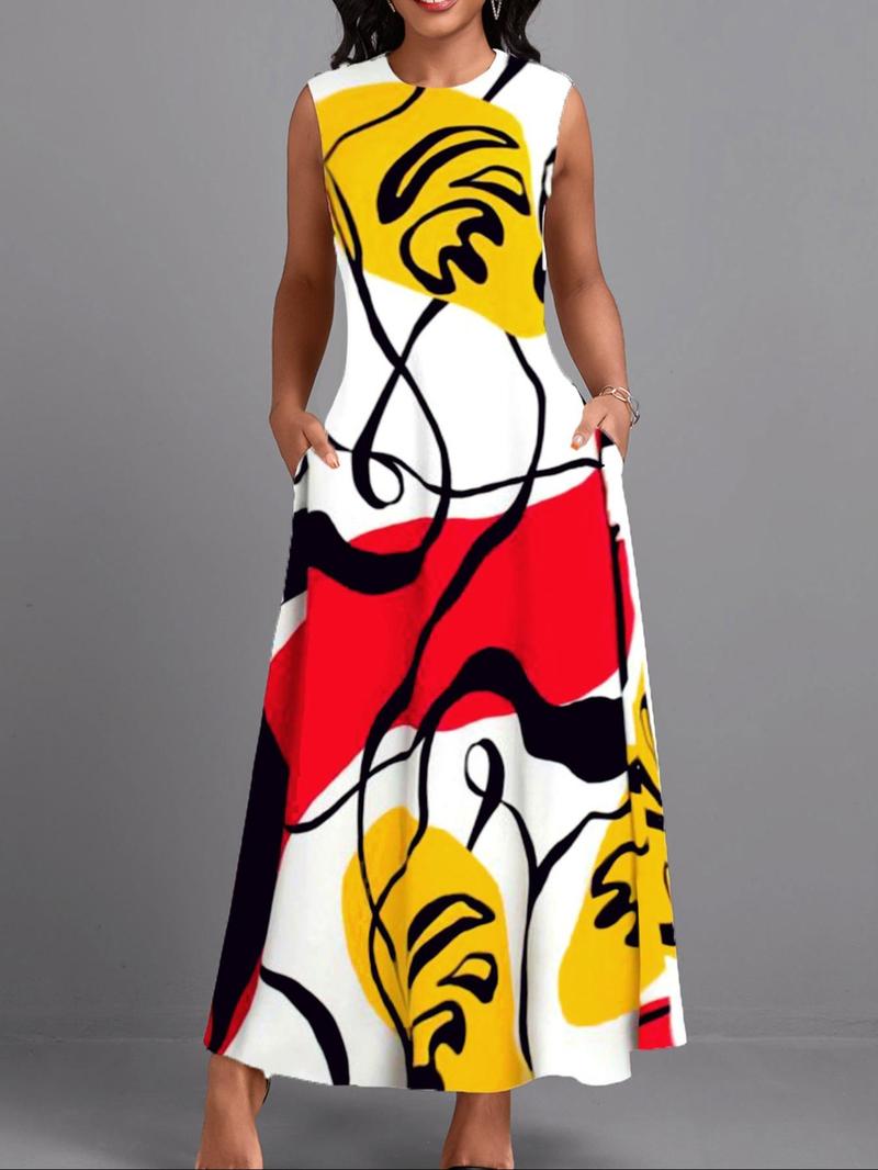 Product Introduction of Women's All Over Print Zipper Round Neck Tank Dress, Casual Pocket Sleeveless Long Dress for Summer, Women's Clothing for Daily Wear 1