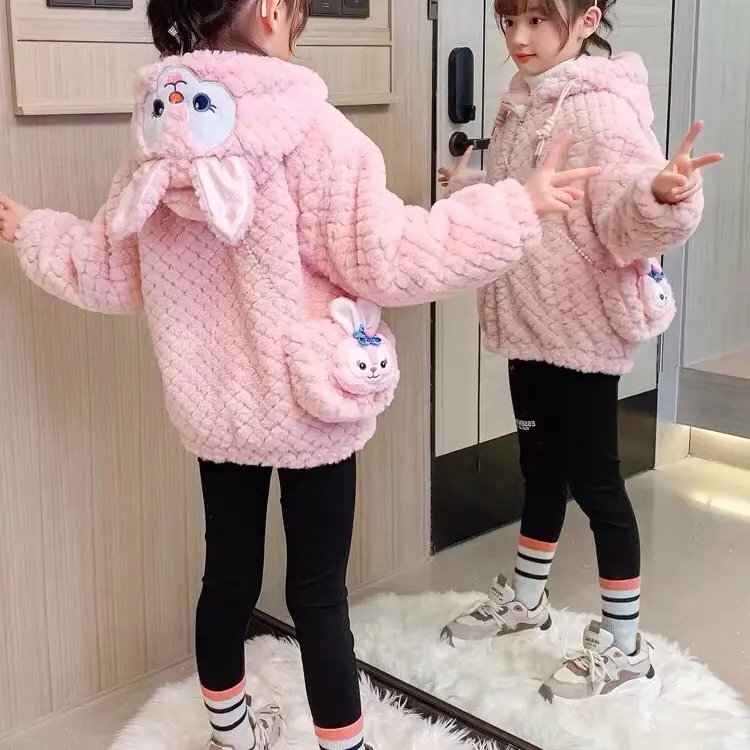 áo khoác lông dài tay tai thỏ kèm túi cho bé gái size 8-16kg Kem Jacket 2
