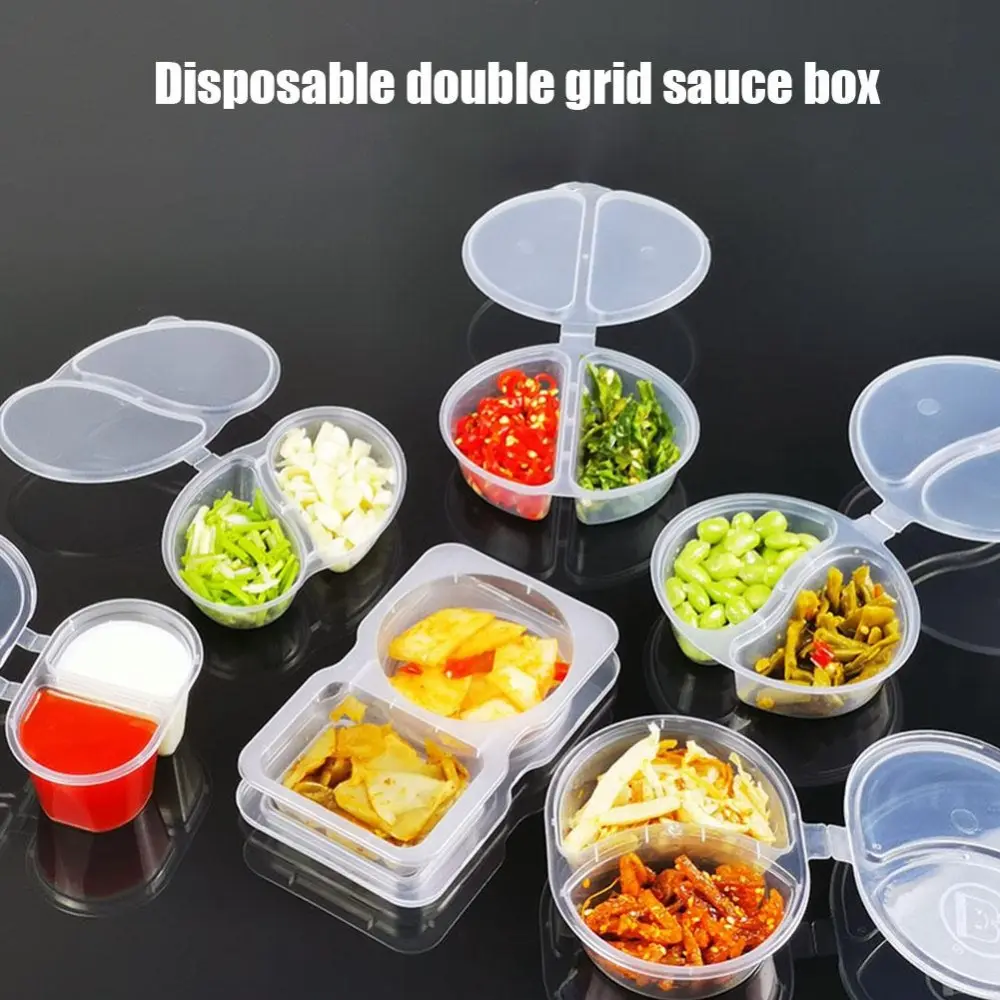 15Pcs Creativity Sealed and Leak-proof Double Condiment Containers with Hinged Lids 2 Compartment Snack Containers Sauce Cup Containers Reusable Clear Plastic Portion Cups Portable Sauce Box
