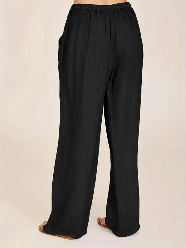 Plus Size Drawstring Waist Wide Leg Pants, Casual Solid Pocket High Waist Trousers for Women, Women's Bottoms for Summer 1