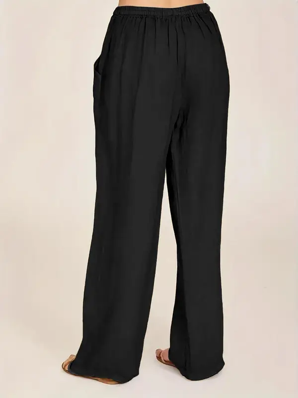 Plus Size Drawstring Waist Wide Leg Pants, Casual Solid Pocket High Waist Trousers for Women, Women's Bottoms for Summer 1